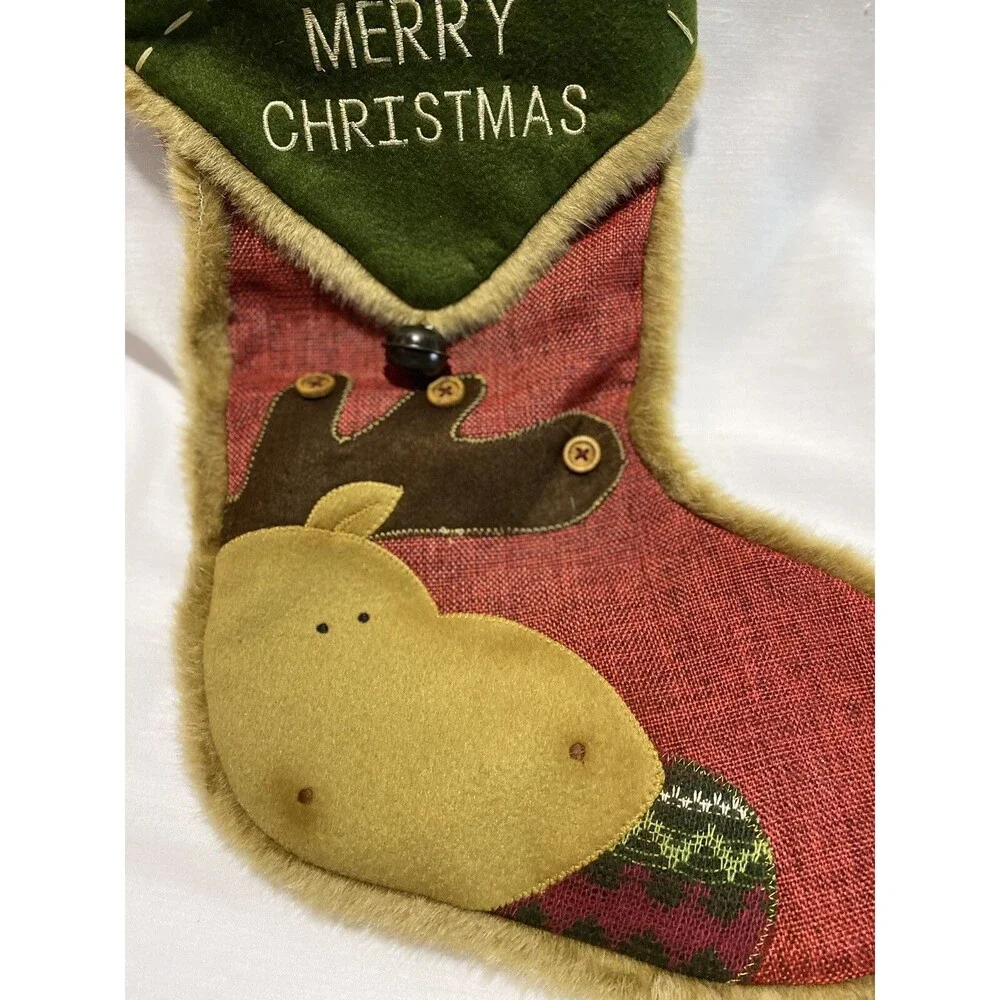 Stocking Christmas Moose with Faux Fur Trim Xmas Decor Candy Bag Sock
